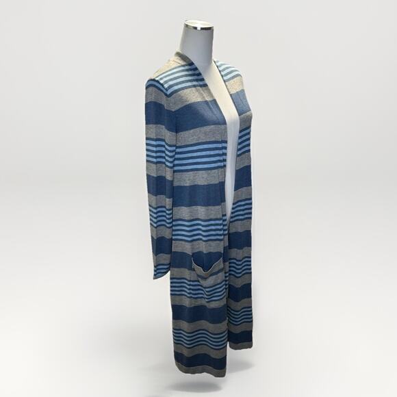 Laurie Felt Cardigan Womens Medium Blue Gray Striped Long Cashmere blend Pockets - Picture 1 of 8